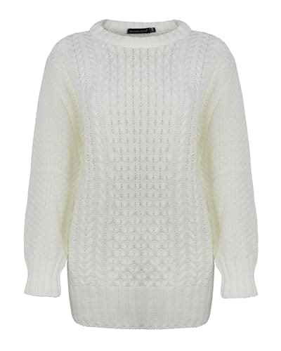 Image of Generation Fashion New Ladies Women Aran Knit Long Sleeve Crew Neck Knitted Cable Jumper Sweater Pullover Top 8-30 (Cream,16-18)