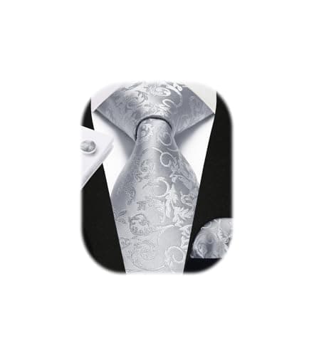 Image of Enlision Silver Ties for Men Light Grey Wedding Tie and Pocket Square Cufflinks Set Floral Jacquard Mens Necktie Handkerchief Set Party Elegant