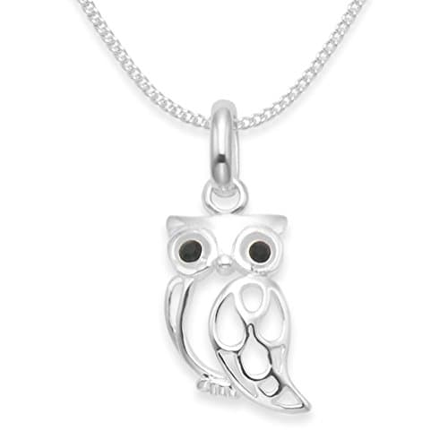 Image of Sterling Silver Owl Necklace on Silver chain with black Cubic Zirconia eyes - SIZE: Small - 8mm x 14mm 8239BKZ./18
