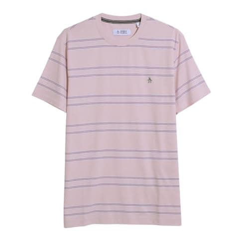 Image of Original Penguin Multi Stripe Crew Neck Jersey Knit Organic Cotton Short Sleeve T Shirt-Pink-Small