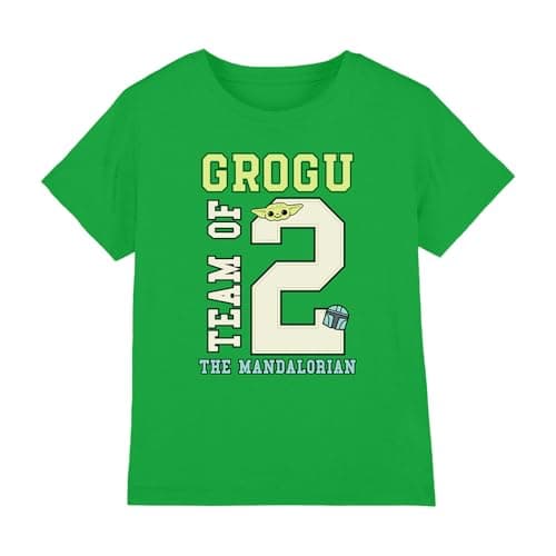 Image of The Mandalorian Grogu and Mando Football Team of Two Kids T Shirt, Kelly Green, 3-4