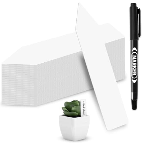Image of MOXYOY 110 Pcs White Plastic Plant Labels & Markers,10 CM Reusable Plants Name Tags,Plant Label and Pen for Outdoor Plants,Garden Labels,for Herb, Seed, Flower, Potted Plants (Pentagonal)