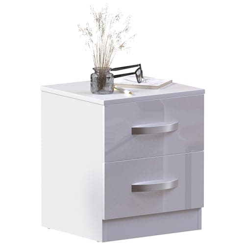 Image of Vida Designs High Gloss Bedside Cabinet White, 2 Drawer With Metal Handles and Runners, Unique Anti-Bowing Drawer Support, Bedroom Furniture
