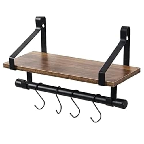 Image of spot on dealz® Rectangle floating shelf decorative hanging shelves with MDF wood rustic effect and metal wire frame industrial wall mounted shelving unit with 4 hooks Living Room furniture