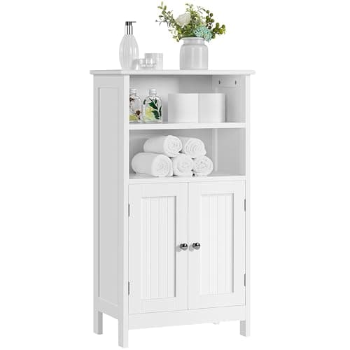 Image of Yaheetech 5-Tier Bathroom Floor Cabinet, Double Door Wooden Storage Organizer with Adjustable Shelves, Freestanding Modern Design for Bathroom, Living Room and Kitchen