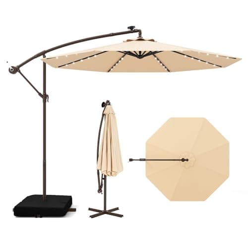 Image of COSTWAY 2.9M/3M Garden Cantilever Parasol, Outdoor Offset Banana Hanging Umbrella with LED Lights, Crank Handle and 360° Rotation, Water-proof Sun Shade Canopy (3M, Beige, with 40 Lights)