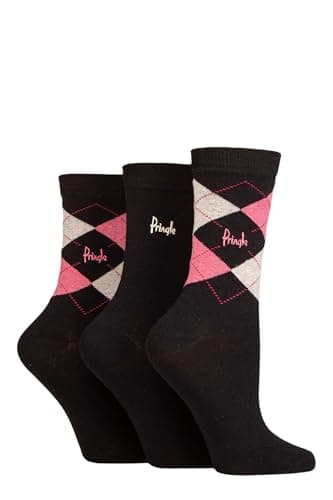 Image of Pringle Ladies Argyle Cotton Socks Pack of 3 Black/Pinks 4-8