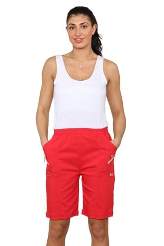Image of Grunge Wear® Women's Cherry Berry Shorts - Ladies Plain Stretch Fit Pull On Elasticated Waist Summer Short Pants (Red, UK 18)