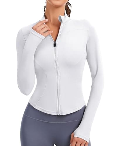 Image of JoyGirl Womens Running Jacket Long Sleeve Cropped Workout Yoga Sport Tops Lightweight Athletic Zip Up Gym T-Shirt with Thumb Holes (White, M)