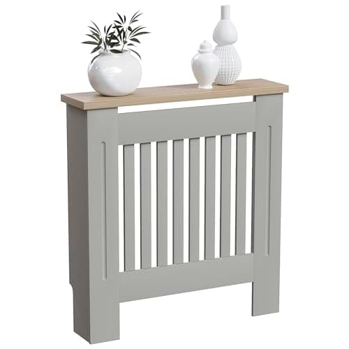 Image of Vida Designs Arlington Radiator Cover Olive Grey - Small - Modern Shaker Style Vertical Slat Design For Optimal Heat Circulation - H83.3xW78xD19cm - Painted MDF Cabinet with Wood Top Shelf