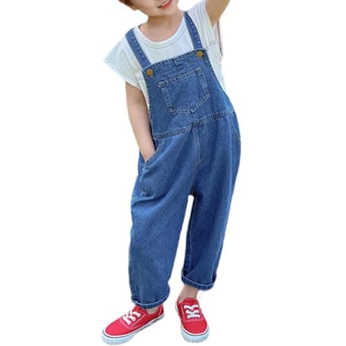 Image of Miipat Girls Denim Overalls Toddler Boys Girl Baggy Jeans Dungarees with Pockets Casual Bib Jumpsuit for Little Kids (Darkblue 110 4-5 Years)
