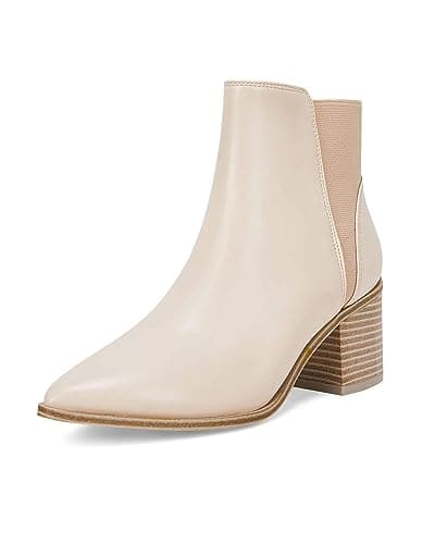 Image of Coutgo Womens Pointed Toe Ankle Boots Elastic Chunky Block Stacked Mid Heel Slip On Chelsea Booties, Cream, 4 UK