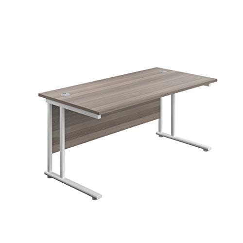 Image of Office Hippo Heavy Duty Rectangular Cantilever Office Desk, Home Office Desk, Office Table, Integrated Cable Ports, PC Desk For Office or Home, 5 Yr Wty - White Frame/Grey Oak Top, 140cm x 80cm