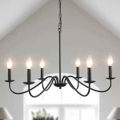 Image of MRHYSWD Black Chandelier, 6 Lights Vintage Chandeliers Ceiling Lights Living Room Hallway Kitchen Bedroom, Industrial Black Pendant Light Fitting, Height Adjustable, E14 Socket (Exclude Bulbs)