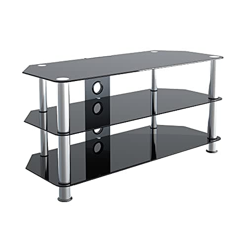 Image of MAHARA TV Stand Black Glass 100cm Wide with Shelves and Cable Management, Suitable for up to 50" TVs (Max 45kg)