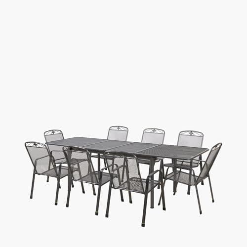 Image of Pacific Lifestyle Savoy Rectangular Extendable Mesh Metal Dining Set for 8 | Outdoor Patio Furniture Table and 8 Chairs | 8 Seater Mesh Table and Chair Set