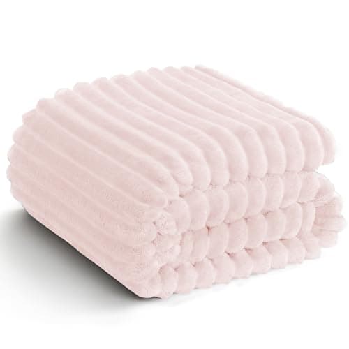 Image of WAVVE Pink Fleece Throw Blanket - Single Fluffy Striped Fleece Blanket for Sofa, Bed, Couch, Lightweight Fuzzy Warm Decorative Throw for Women Girls, 130x150 cm