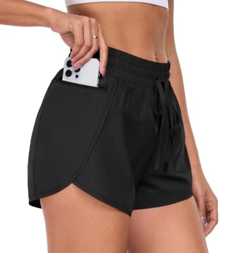 Image of PrinStory Women 2 in 1 Running Shorts Side Split High Waist Drawstring Gym Shorts with Phone Pocket Cycling Sport (Black, L)
