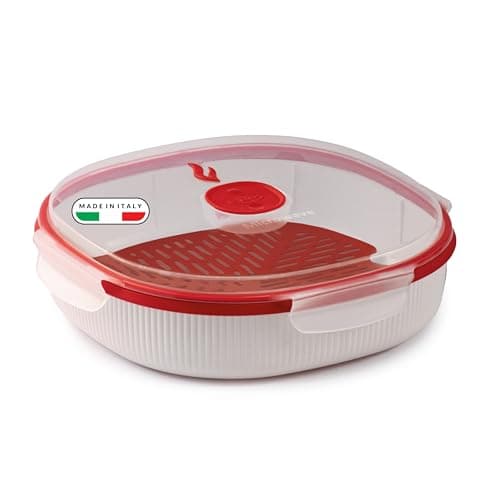 Image of Snips Microwave Steamer - 2 LT - Meat, Fish & Vegetable Steamer, 24.5 x 24.5 x 7 cm - White & Red - 100% Made in Italy - 0% BPA