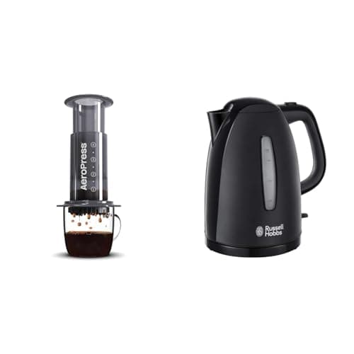 Image of Aeropress Coffee and Espresso Maker - Quickly Makes Delicious Coffee Without Bitterness - 1 to 3 Cups Per Pressing,Black & Russell Hobbs Textures Plastic Kettle 21271, 1.7 L, 3000 W - Black