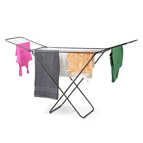 Image of Livhome Black 18m Winged Folding Clothes Airer, Heavy Duty Laundry Dryer Stand, Foldable Clothes Drying Rack with 22 Bars, Compact Indoor & Outdoor Washing Dryer Rack, Space-Saving Wardrobe Storage