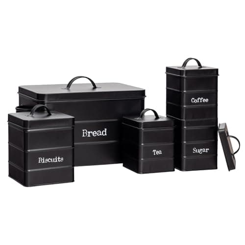 Image of Harbour Housewares Metal Kitchen Canister Set - Black - 5pc Vintage Retro Food Storage Preservation Canister Caddy Container Bread Bin with Airtight Fit Lid for Kitchen Organisation & Home Décor