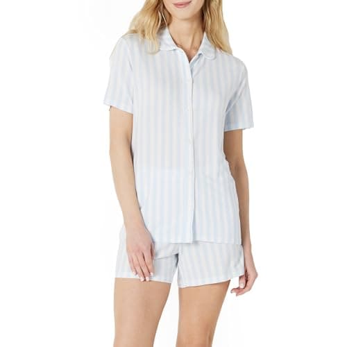 Image of Amazon Essentials x Sofia Grainge Women's Mummy and Me Short Sleeve Pyjama Set, Pale Blue Bold Stripe, XL