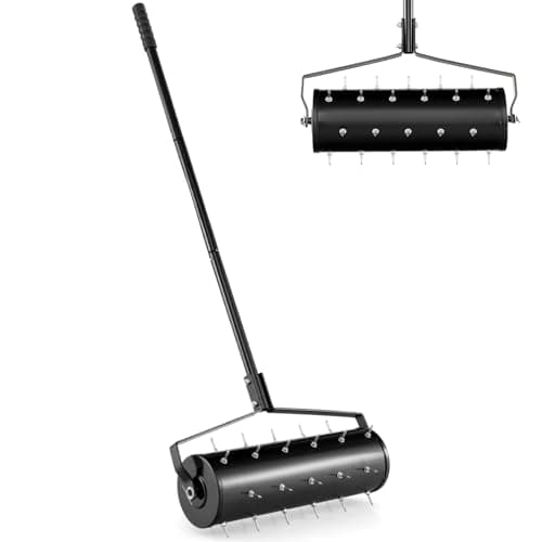Image of GiantexUK Outdoor Lawn Aerator, Heavy Duty 43/53cm Manual Grass Roller with Sand Filled Drum & 130cm Detachable Handle, Rolling Garden Lawn Spikes Tool for Soil Grass (53x14x130cm, Black)