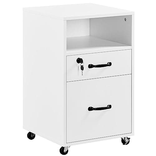 Image of Yaheetech File Cabinet Mobile Filing Cabinets with 2 Drawers and 1-Open Shelf Vintage Printer Stand for or A4 Lette Home and Office, White
