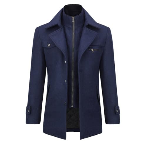 Image of Allthemen Mens Winter Padded Coat Wool Trench Overcoat Mid Length Coat Jacket Casual Slim Fit Coat Jacket Navy 1 XXL