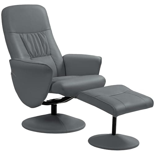 Image of HOMCOM Swivel Recliner Chair with Footstool, PU Leather Armchair and Ottoman with High Back and Round Base for Living Room, Grey