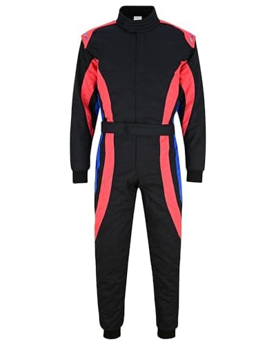 Image of Folkon Adult Go Karting Suit One Piece Polycotton Kart Racing Overalls Quilted Motorsport Track Day & Rally Practice Suit (Black-Red-Blue, XS)