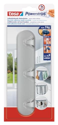 Image of tesa Powerstrip Hook Rack - Matt-Chrome, Self Adhesive Wall Hook for Tiles, Glass, Wood, Plastic and Flat Surfaces - Easily Removable - Powerstrips Technology - Large