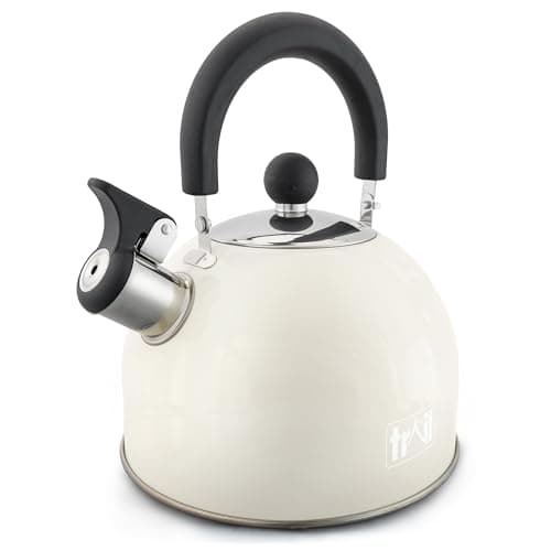 Image of Trail 2L Whistling Camping Kettle, Polished Stainless Steel, Durable Lightweight, Easy Pour Spout, Folding Heat Resistant Handle, Fast Boil Travel, Outdoor Fishing Hiking, 15cm x 18cm, 0.42kg (Cream)