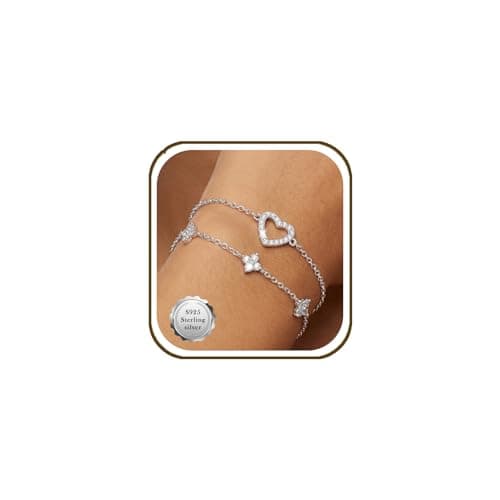 Image of BMMYE 2 Pcs Silver Bracelet for Women Layered Dainty Link Chain Sterling Silver Bracelets Adjustable Stackable Bracelets Hypoallergenic 925 Silver Bracelet Set with Cubic Zirconia Gift for Her Wife