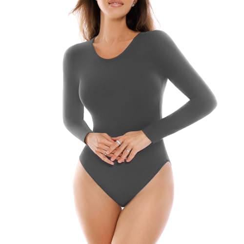 Image of SINOPHANT Long Sleeve Bodysuits for Women Crew Round Neck Basic Stretchy Slim Fit Body Suit Tops, Dark Grey, Medium