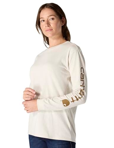 Image of Carhartt Women's Loose Fit Heavyweight Long-Sleeve Logo Sleeve Graphic T-Shirt, Malt/Carhartt Brown, S