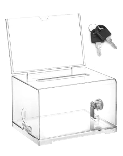 Image of QWORK® Clear Acrylic Box with Lock, Donation Ballot Suggestion Box - 6.3 x 4.8 x 4 Inch