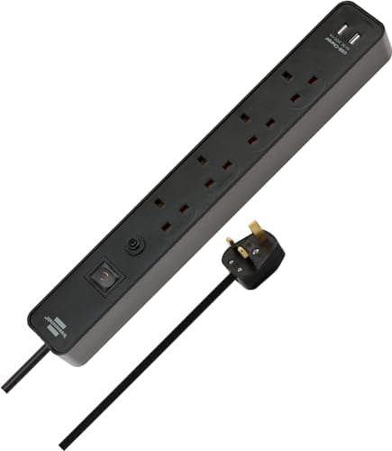 Image of Brennenstuhl Ecolor, 4-Gang Extension Lead with USB Slots (Power Strip 4-Way with Safety Fuse Button, Switch and 3m Cable, 90° Angle of sockets) Black