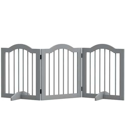 Image of PawHut Freestanding Pet Gate Wooden Dog Gate with Support Feet Foldable Pet Fence Safety Barrier for the House Doorway Stairs Light Grey