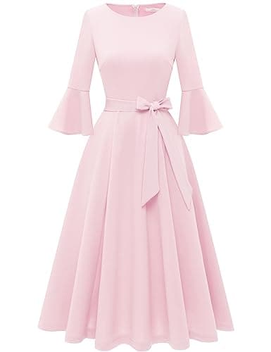 Image of HomRain Light Pink Church Dresses for Women 2026 Wedding Guest Fit and Flare A-Line Midi Modest Graduation Prom Dresses for Women Pink 2XL