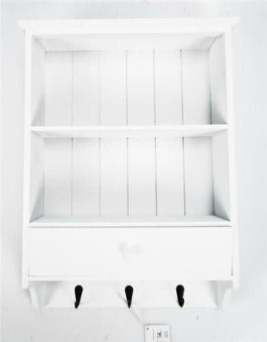 Image of White Shabby Chic French Wooden Wall Hanging Shelf Unit With Drawer keys Holder