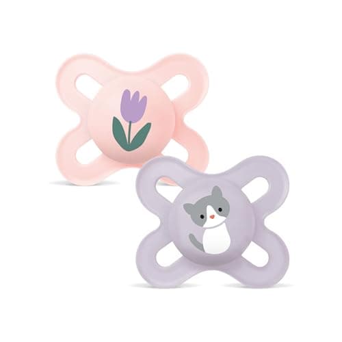 Image of MAM Newborn Baby Pacifier 0-2 Months with Symmetrical Teat Flat and Flexible Silicone Easy to Receive with Self-Sterilising Box, Matte Pink, Pack of 2