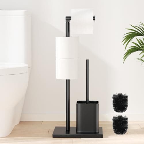 Image of Stainless Steel Toilet Roll Holder with Toilet Brush - Toilet Roll Holder Free Standing, Susswiff Toilet Paper Holder and Toilet Brush, Matte Black Toilet Brush with Roll Holder