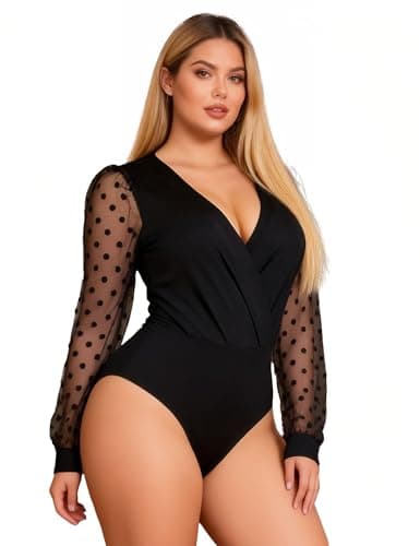 Image of ohyeahlady Women's Bodysuits Elegant Lace Black Bodysuit V-Neck Mesh Polka Dot Long Sleeve Leotard Tops Body Suit Ladies Going Out Tops UK 10-12
