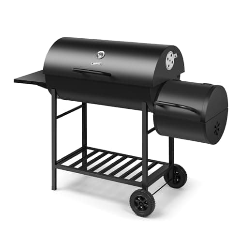 Image of VonHaus Charcoal BBQ – Portable Barrel Barbecue with Offset Smoker, Temperature Gauge, Wheels, Large Cooking Grill, Air Vents – 2 in 1 Barbeque and Smoker – Grill Meat, Fish & Vegetables