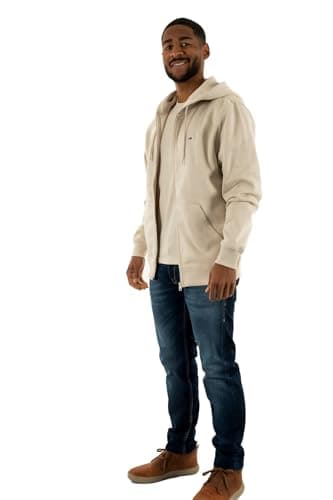 Image of Tommy Jeans Men’s Flag Fleece Zip Through Hoodie, Off-White (Newsprint), XS