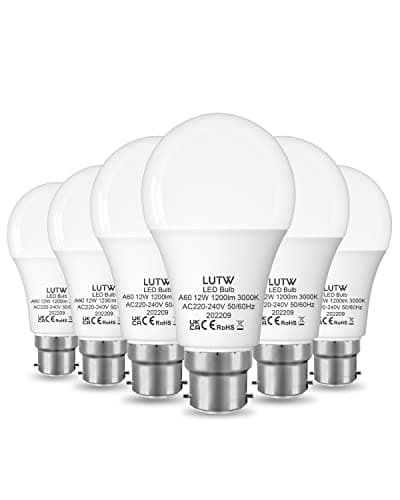 Image of LUTW B22 Led Light Bulbs Bayonet, 100W Equivalent, Warm White 3000K, 12W 1200lm LED Bulbs, BC GLS Energy Saving Light Bulbs, Non-dimmable, Pack of 6