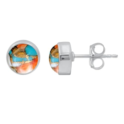 Image of Natural Oyster Copper Turquoise Stud Earrings for Women - Handmade Round Shape Multicolor Gemstone December Birthstone Push Back Earrings Jewelry Gift for Her