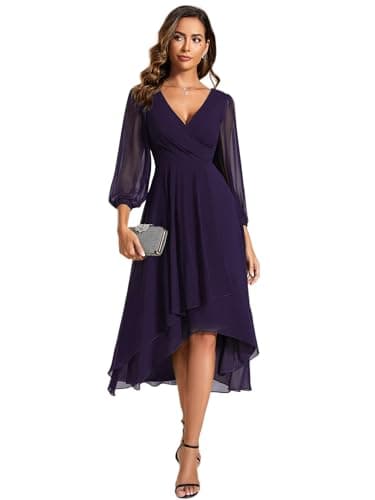 Image of Ever-Pretty Women's Wedding Guest Dresses V-Neck High-Low 3/4 Sleeve Elegant Evening Dress Dark Purple 22